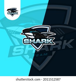 Shark logo design with blue background . Vector illustration.