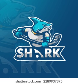 Shark logo design vector. Shark holding hockey stick