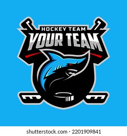 Shark logo for the ice hockey team logo. vector illustration. With a combination of shields badge, puck and ice hockey stick