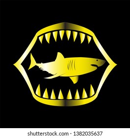 shark logo of ocean animal with fin and beast fish teeth