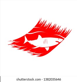 shark logo of ocean animal with fin and beast fish teeth