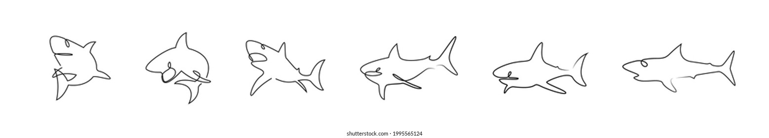 Shark logo set line art. Countinuous one line drawing sharks silhouete icons set. One line art template with sharks. Hand drawn minimalism style vector illustration. EPS 10