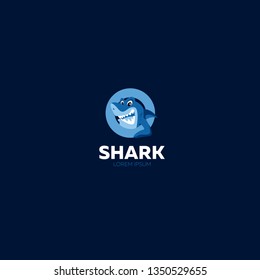 Shark logo smiling on a dark background in blue for sport games, mobile app, website, banner, poster. Vector illustration
