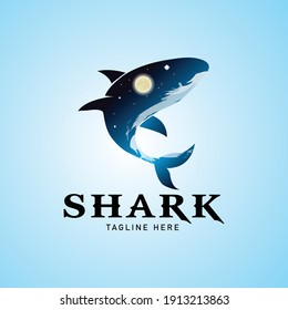 Shark logo with Under water background with moon rays. Deep Ocean. vector illustration