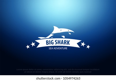 Shark logo with Underwater background with sun rays. Deep Ocean. Color vector illustration