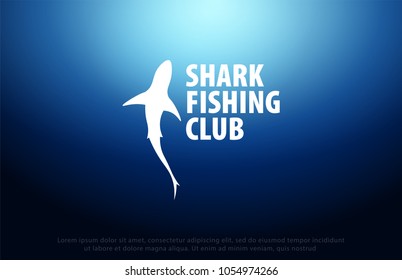 Shark logo with Underwater background with sun rays. Deep Ocean. Color vector illustration