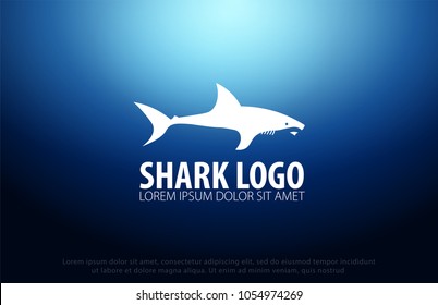 Shark logo with Underwater background with sun rays. Deep Ocean. Color vector illustration