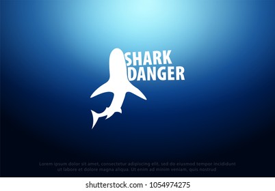 Shark logo with Underwater background with sun rays. Deep Ocean. Color vector illustration