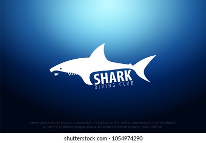 Shark logo with Underwater background with sun rays. Deep Ocean. Color vector illustration