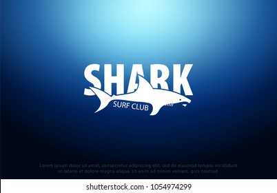 Shark logo with Underwater background with sun rays. Deep Ocean. Color vector illustration