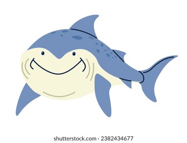 Shark long bodied marine predatory fish. Isolated smiling character of underwater animals, cute cartoon personage. Water dweller with sharp teeth and fins, tail and face. Vector in flat style