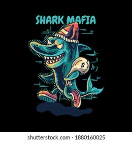 shark mafia cartoon animal illustration for merchandise or poster designs