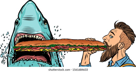 shark and man eating fast food sandwiches. Hunger and street food concept.. Pop art retro vector illustration drawing