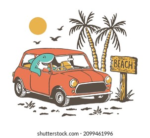 a shark mascot driving classic car in the beach