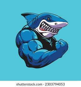 Shark mascot, E-sport logo Design, T-Shirt Design, Angry man-eater shark isolated. Shark Muscle 