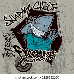 Shark mascot of a freestyle skateboarding team playing with the toothpick and wearing a streetwear hoodie. Skateboarding mascot illustration concept.