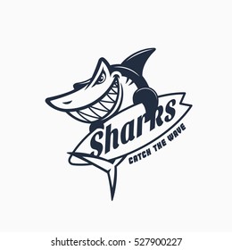 Shark mascot with surfboard. Vector illustration.