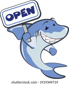 shark mascot vector with open business signboard