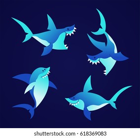 Shark - modern vector set of flat cartoon sea creature characters. Gift images of shark swimming, smiling, hunting.