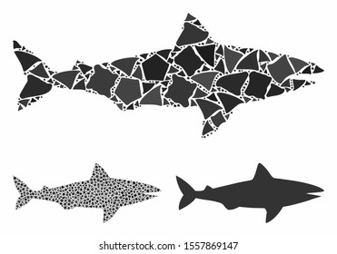 Shark mosaic of abrupt parts in variable sizes and shades, based on shark icon. Vector abrupt parts are grouped into collage. Shark icons collage with dotted pattern.