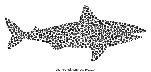 Shark mosaic of small circles in variable sizes and color tinges. Round dots are composed into shark vector collage. Dotted vector illustration.