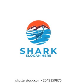 Shark and mountain with ocean sea water Logo Design Template Vectors