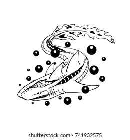 shark mutate to zombie. line art drawing. vector illustration. tattoo design. scary animal mutate. die fish. in water.