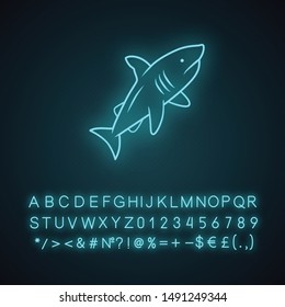 Shark neon light icon. Dangerous ocean predator. Swimming fish. Underwater aquatic animal, ocean wildlife. Marine fauna. Glowing sign with alphabet, numbers, symbols. Vector isolated illustration