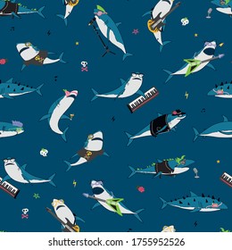 Shark Ocean Animal With Rock N'roll Objects Hand Drawn Vector Seamless Pattern
