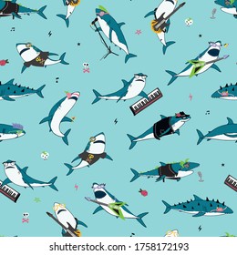 Shark ocean animal with rock n'roll objects hand drawn vector seamless pattern