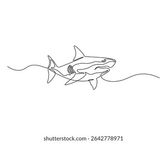 Shark in the ocean outline drawing illustration. one continuous line drawing of shark.