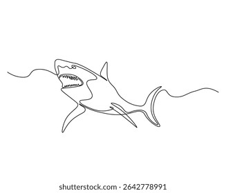 Tubarão no oceano esboço desenho ilustração. um desenho de linha contínua de tubarão.