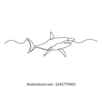 Shark in the ocean outline drawing illustration. one continuous line drawing of shark.