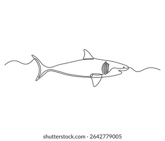 Shark in the ocean outline drawing illustration. one continuous line drawing of shark.
