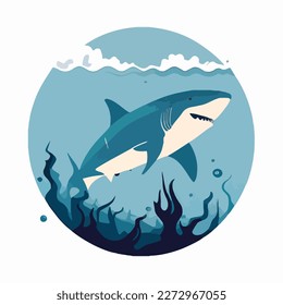 Shark in oceanic waters. Underwater fish and sea creatures in natural habitat. Flat vector illustration concept