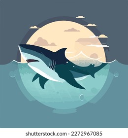 Shark in oceanic waters. Underwater fish and sea creatures in natural habitat. Flat vector illustration concept