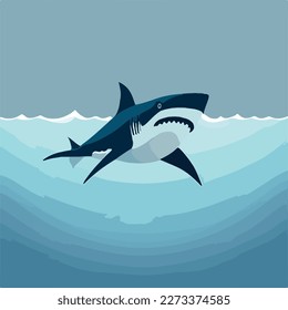 Shark in oceanic waters. Underwater fish and sea creatures in natural habitat. Flat vector illustration concept