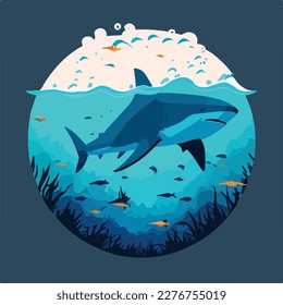 Shark in oceanic waters. Underwater fish and sea creatures in natural habitat. Flat vector illustration concept