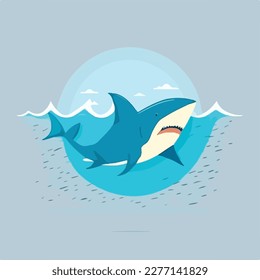 Shark in oceanic waters. Underwater fish and sea creatures in natural habitat. Flat vector illustration concept