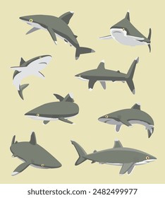 Shark Oceanic Whitetip Fish Various Poses Cartoon Character