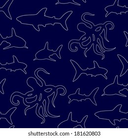 Shark and octopus Seamless pattern, blue background