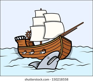Shark and Old Ship in Sea - Vector Cartoon Illustration