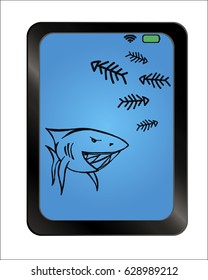 Shark on background plate. Free hand drawn. Vector illustration. 