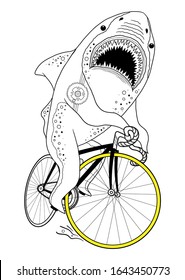 Shark on a bike. Can be used as a poster on the wall, print on a t-shirt, magazine cover, coloring page for adults. 