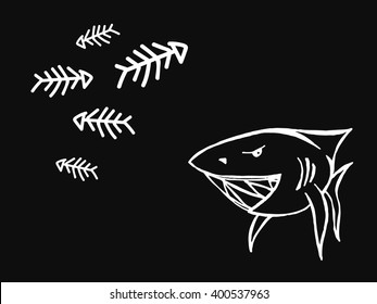 Shark on black background. Free hand drawn. Vector illustration. 