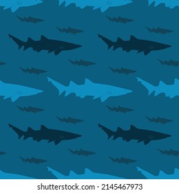 Shark on blue background, seamless pattern, texture for fabric design, wallpaper and tile, vector illustration