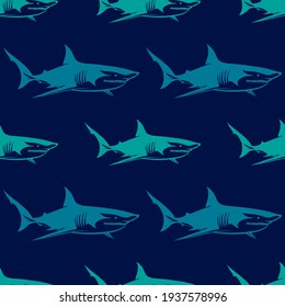 Shark on a blue background, texture for design, seamless pattern, vector illustration