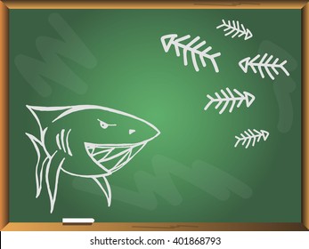 Shark on chalkboard background. Free hand drawn. Vector illustration. 
