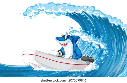 Shark on dinghy boat with ocean wave illustration