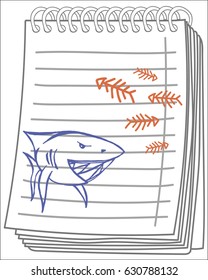 Shark on notebook background. Free hand drawn. Vector illustration. 